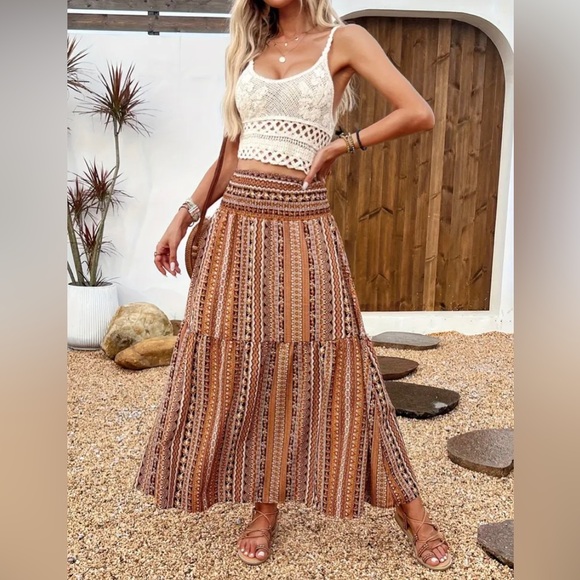 Dresses & Skirts - Brown Tribal Print Smocked Waist Boho Skirt